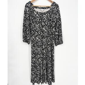 J. Jill Black Floral Print Button Front Stretch Knit Midi Dress Size M